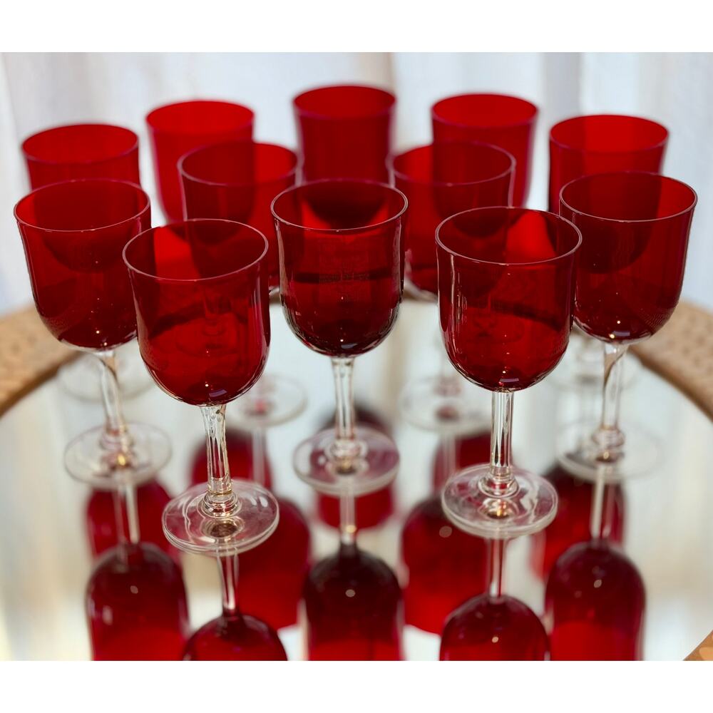 Vintage Ruby Red Goblets – Set of 6 – Mid-Century Glassware with Clear Stems